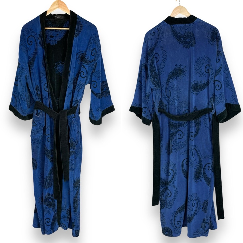 Vintage Christian Dior‎ Monsieur Robe Men Paisley Blue Black Flaws Preowned Bath